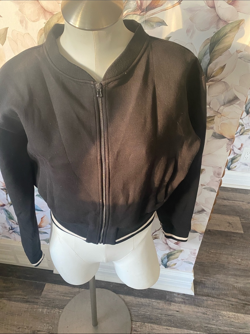Varley Black Cropped Bomber Jacket with Stripe Trim